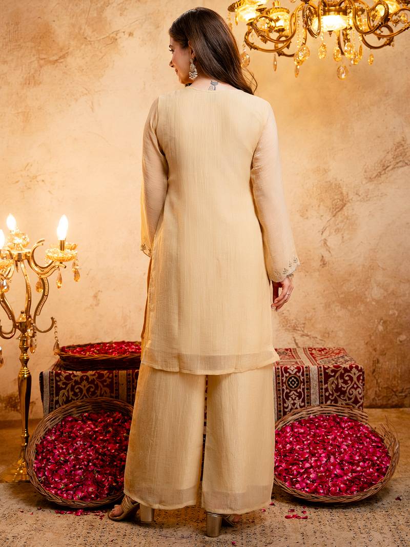 Cream crunchy heavy thread embroidery work kurta palazzo set