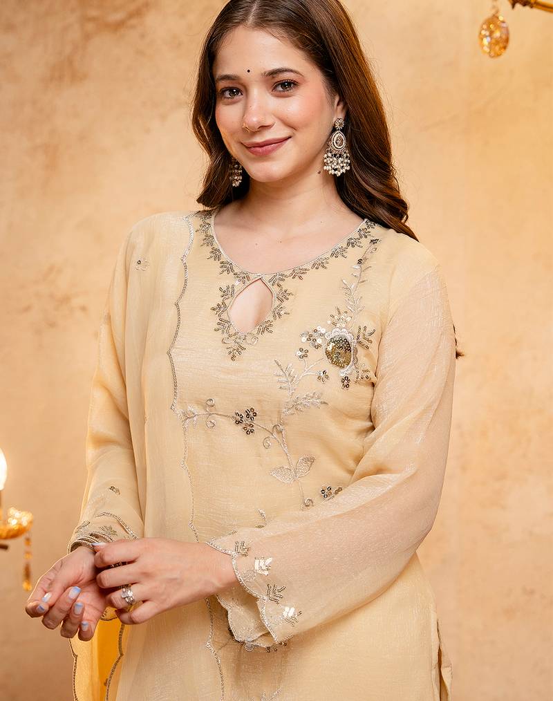 Cream crunchy heavy thread embroidery work kurta palazzo set