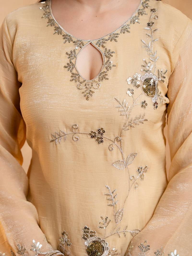 Cream crunchy heavy thread embroidery work kurta palazzo set