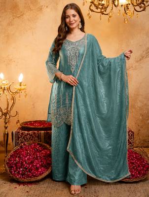 Blue fandy heavy thread embroidery work kurta palazzo set 1