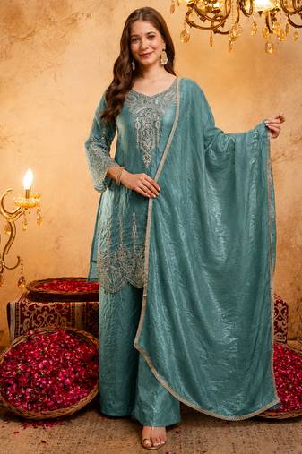Blue fandy heavy thread embroidery work kurta palazzo set