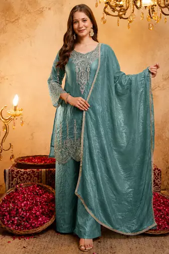Blue fandy heavy thread embroidery work kurta palazzo set