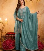 Blue fandy heavy thread embroidery work kurta palazzo set