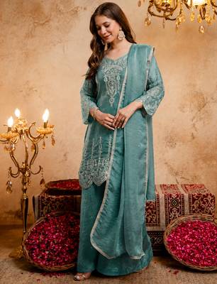 Blue fandy heavy thread embroidery work kurta palazzo set 2