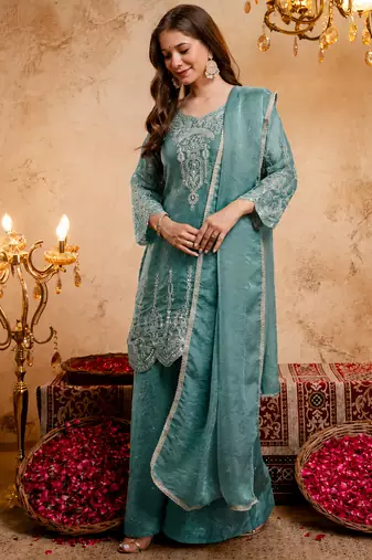 Blue fandy heavy thread embroidery work kurta palazzo set