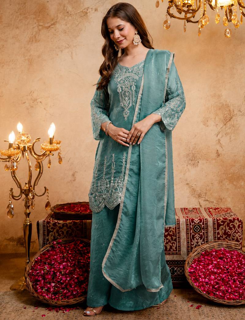 Blue fandy heavy thread embroidery work kurta palazzo set