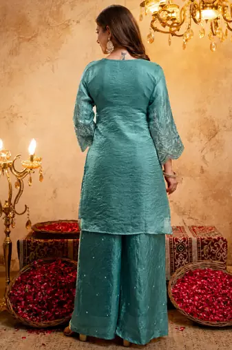 Blue fandy heavy thread embroidery work kurta palazzo set