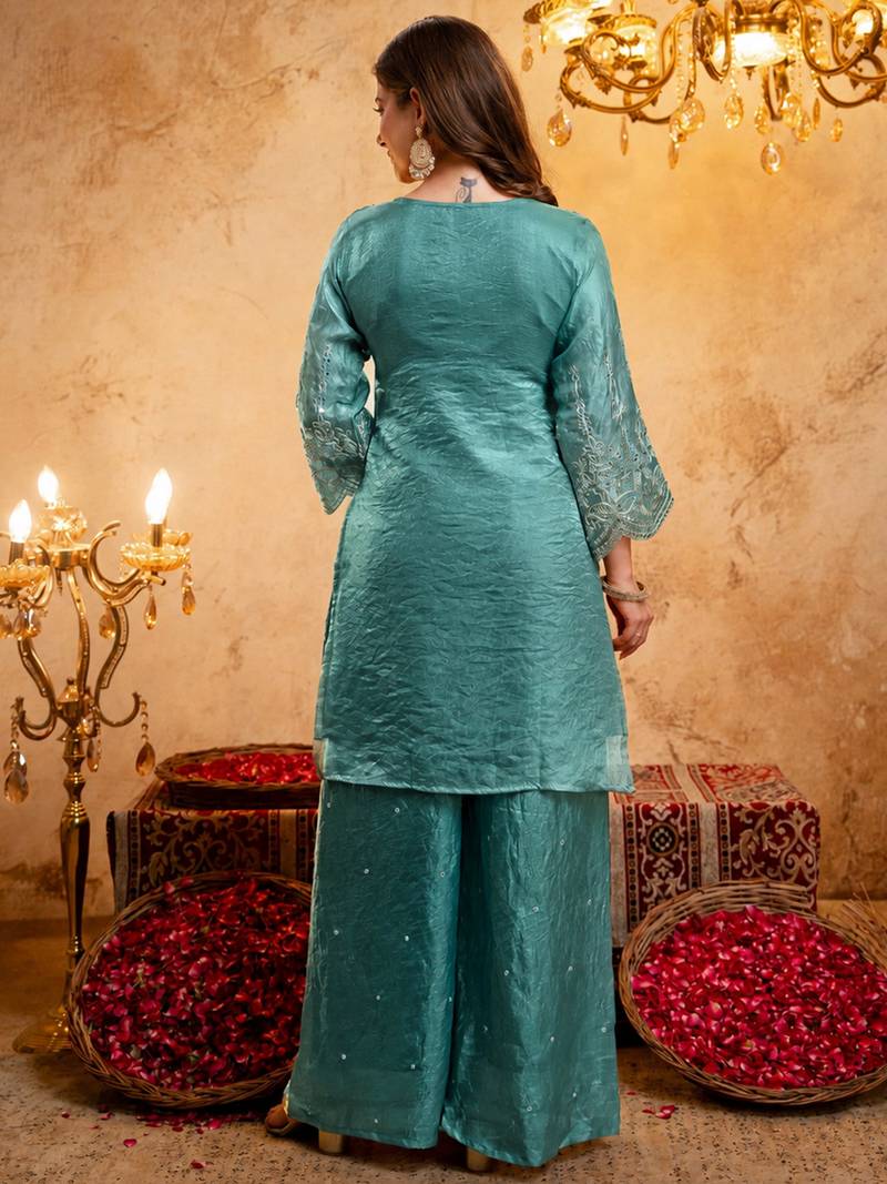 Blue fandy heavy thread embroidery work kurta palazzo set