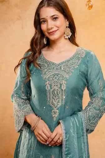 Blue fandy heavy thread embroidery work kurta palazzo set