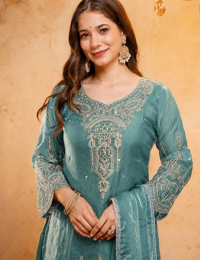 Blue fandy heavy thread embroidery work kurta palazzo set