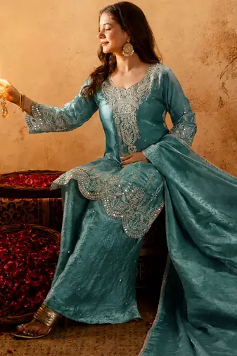Blue fandy heavy thread embroidery work kurta palazzo set