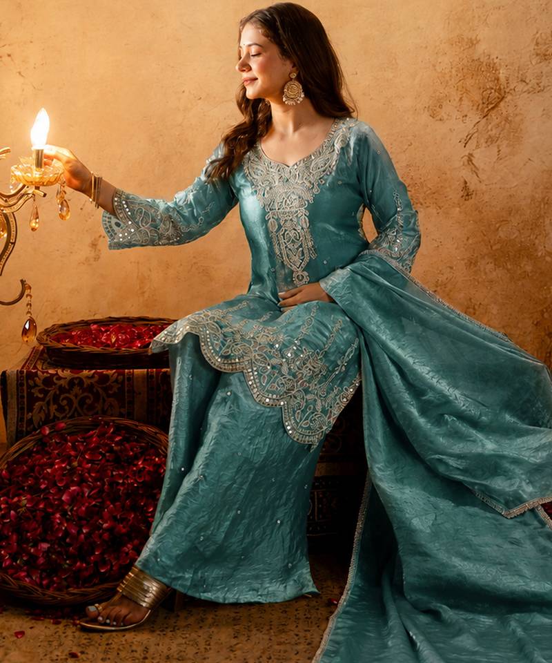 Blue fandy heavy thread embroidery work kurta palazzo set
