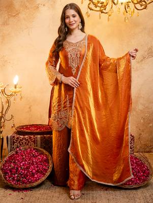 Orange fandy heavy thread embroidery work kurta palazzo set 1