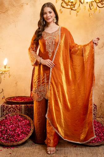 Orange fandy heavy thread embroidery work kurta palazzo set