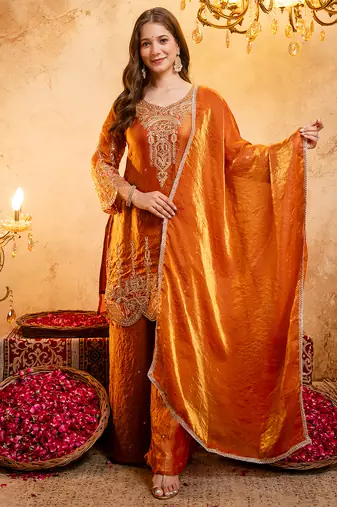 Orange fandy heavy thread embroidery work kurta palazzo set
