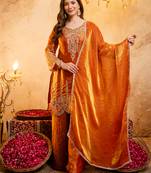 Orange fandy heavy thread embroidery work kurta palazzo set