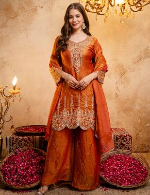 Orange fandy heavy thread embroidery work kurta palazzo set 2