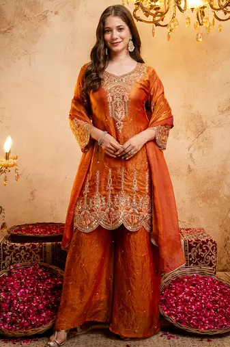 Orange fandy heavy thread embroidery work kurta palazzo set