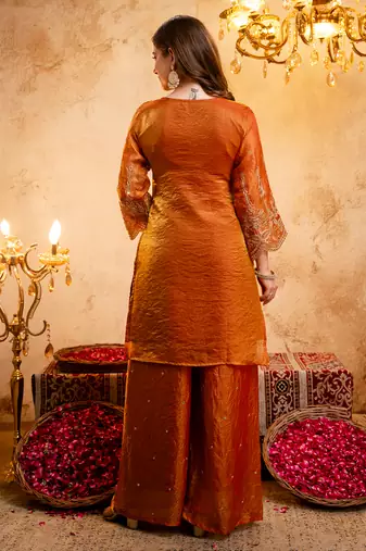 Orange fandy heavy thread embroidery work kurta palazzo set