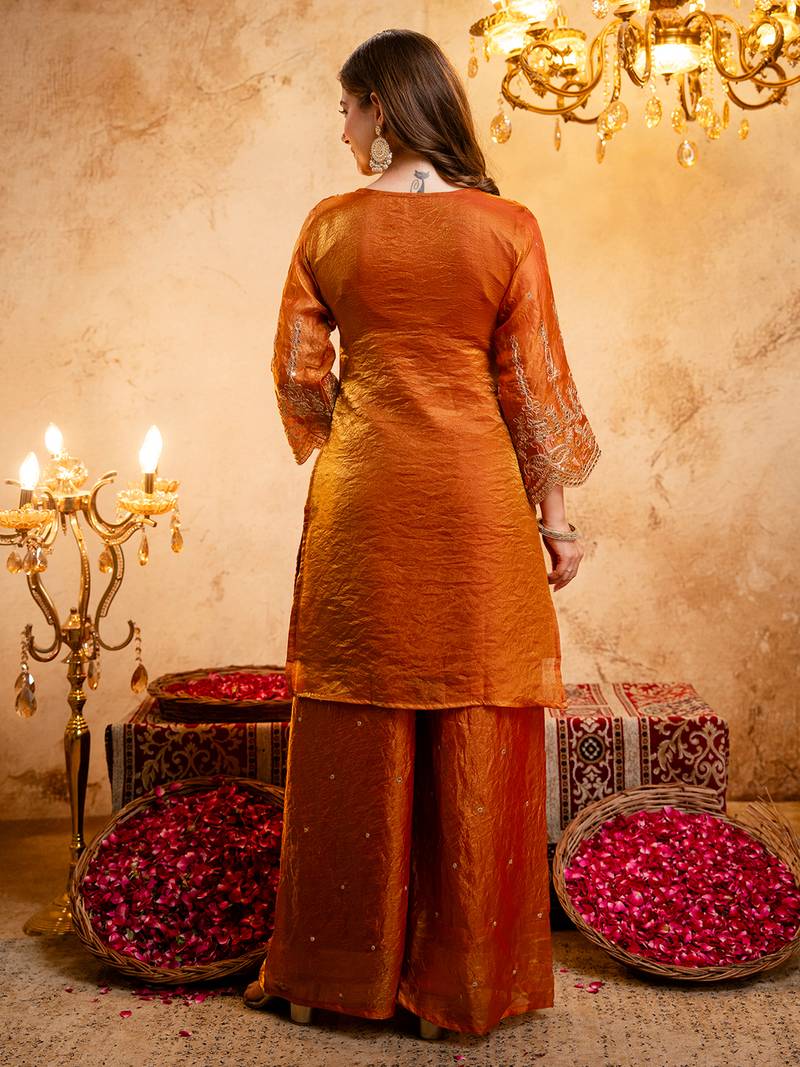 Orange fandy heavy thread embroidery work kurta palazzo set