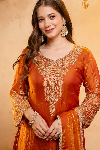 Orange fandy heavy thread embroidery work kurta palazzo set