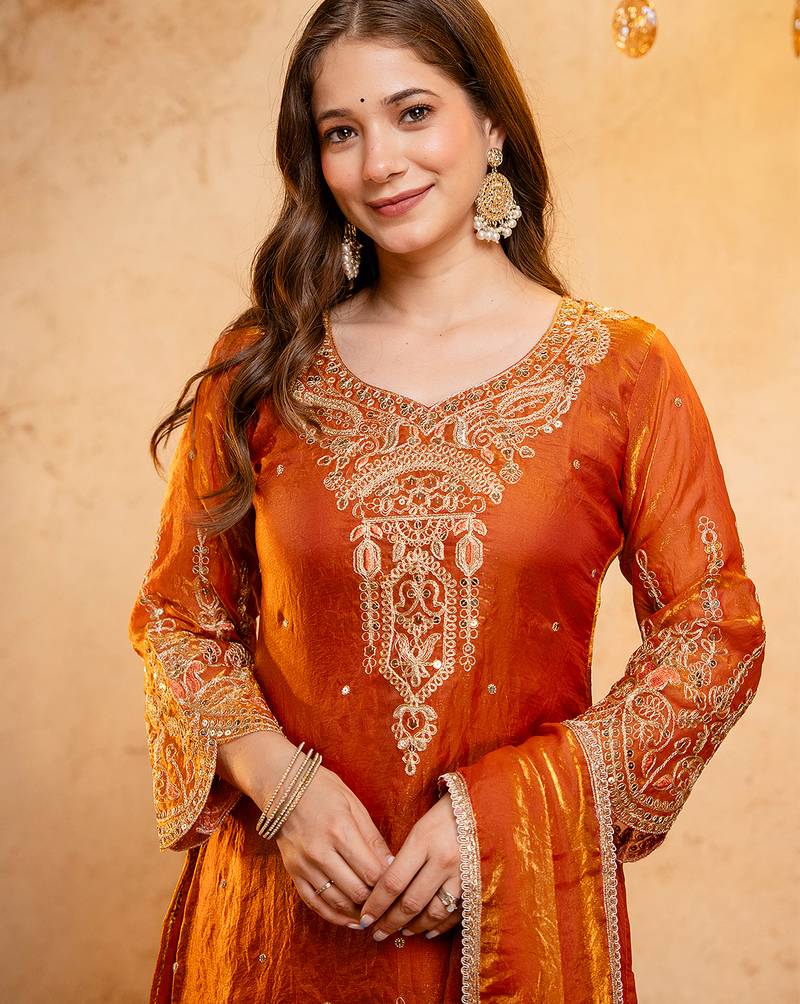 Orange fandy heavy thread embroidery work kurta palazzo set