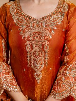 Orange fandy heavy thread embroidery work kurta palazzo set 5