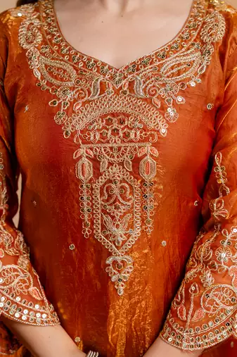 Orange fandy heavy thread embroidery work kurta palazzo set
