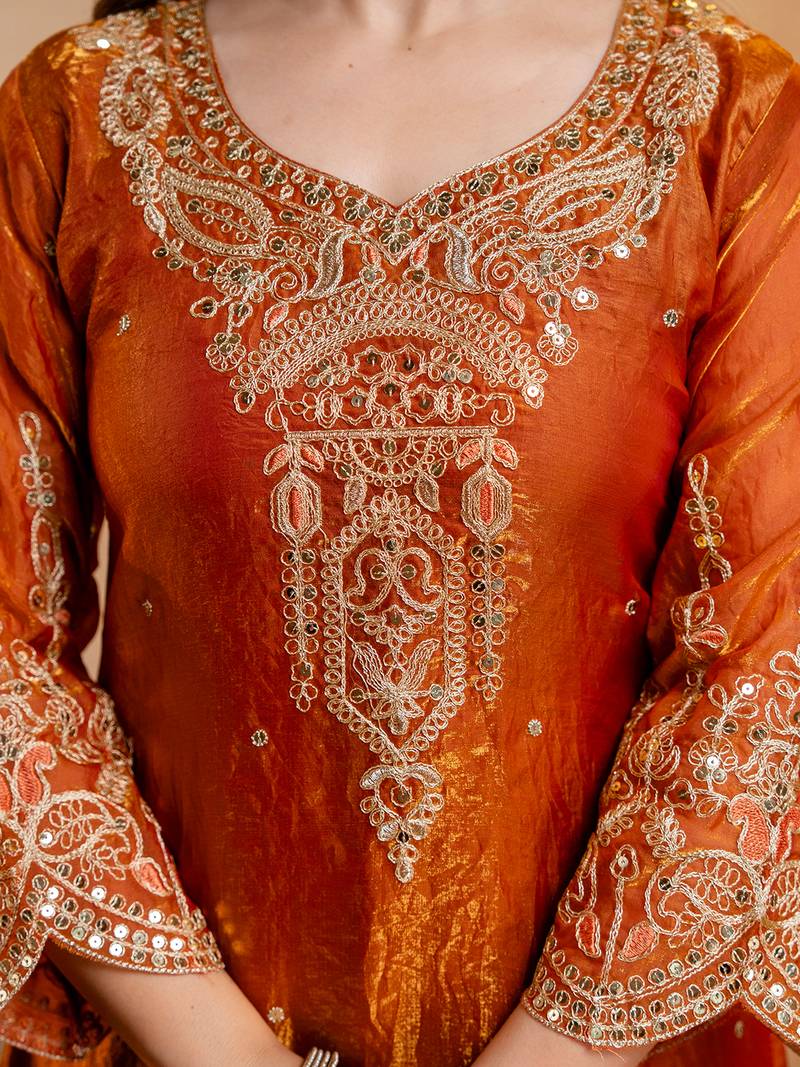 Orange fandy heavy thread embroidery work kurta palazzo set