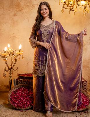 Wine fandy heavy thread embroidery work kurta palazzo set 1