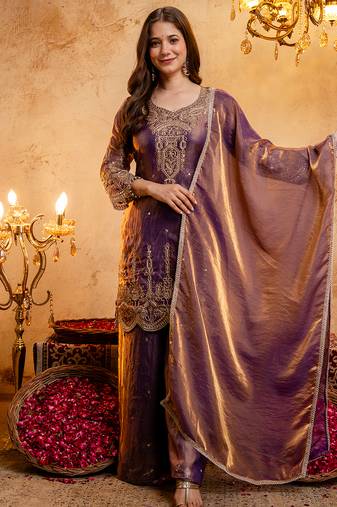 Wine fandy heavy thread embroidery work kurta palazzo set