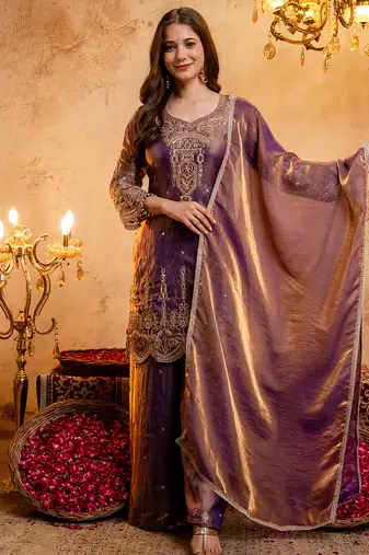 Wine fandy heavy thread embroidery work kurta palazzo set