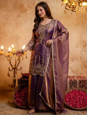 Wine fandy heavy thread embroidery work kurta palazzo set 2