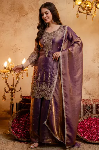 Wine fandy heavy thread embroidery work kurta palazzo set