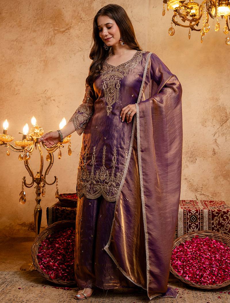 Wine fandy heavy thread embroidery work kurta palazzo set