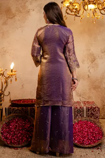 Wine fandy heavy thread embroidery work kurta palazzo set