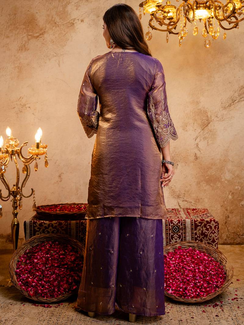 Wine fandy heavy thread embroidery work kurta palazzo set