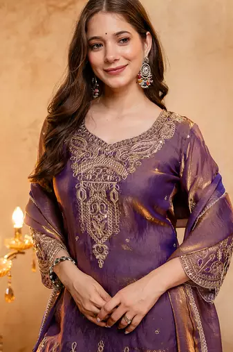 Wine fandy heavy thread embroidery work kurta palazzo set