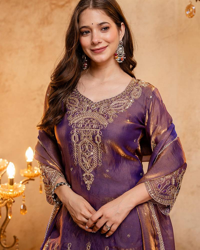 Wine fandy heavy thread embroidery work kurta palazzo set
