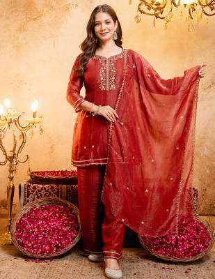 Rust crunchy heavy thread embroidery work kurta palazzo set 1