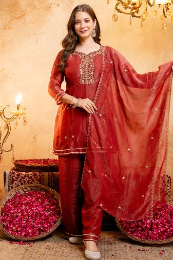 Rust crunchy heavy thread embroidery work kurta palazzo set
