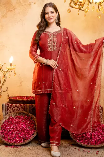 Rust crunchy heavy thread embroidery work kurta palazzo set