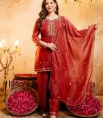 Rust crunchy heavy thread embroidery work kurta palazzo set