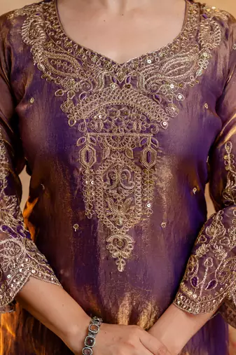Wine fandy heavy thread embroidery work kurta palazzo set