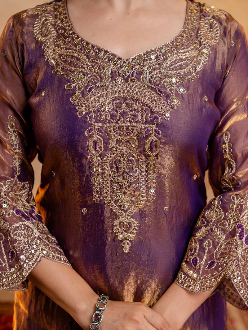 Wine fandy heavy thread embroidery work kurta palazzo set
