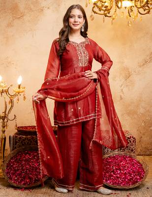 Rust crunchy heavy thread embroidery work kurta palazzo set 2