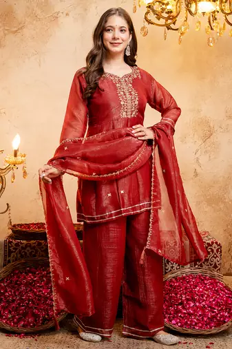 Rust crunchy heavy thread embroidery work kurta palazzo set