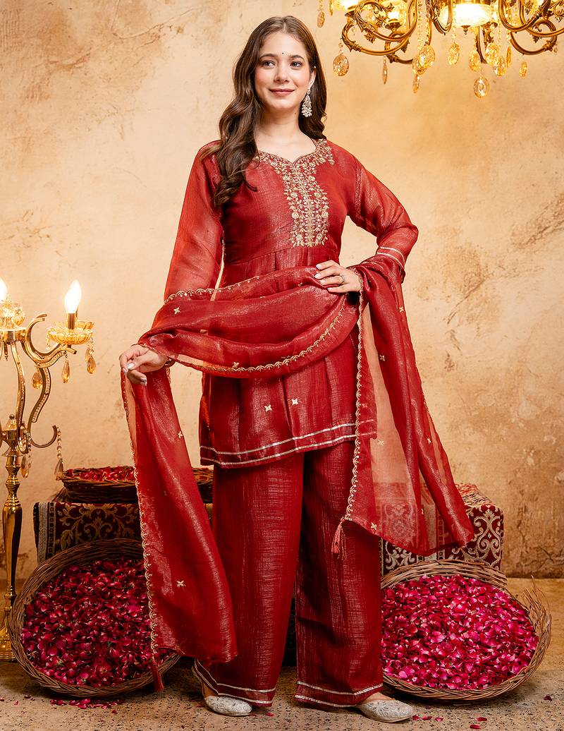 Rust crunchy heavy thread embroidery work kurta palazzo set