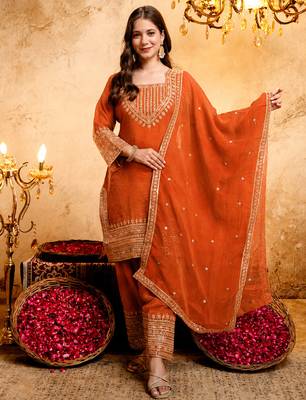 Orange crunchy heavy thread embroidery work kurta pant set 1