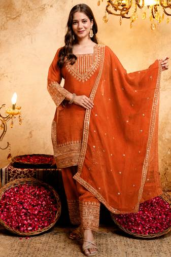 Orange crunchy heavy thread embroidery work kurta pant set